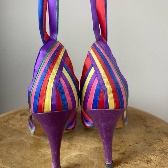 Italian Satin Rainbow Stripe Pumps with Ribbon Ties - Colorful Heels - Size 6 - Picture 4 of 10